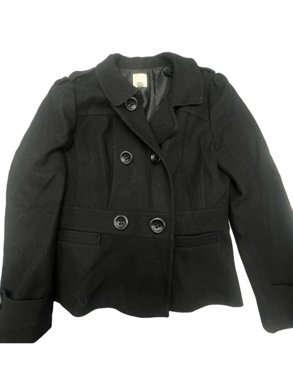 haiogen black button up coat wool collar pockets size large READ